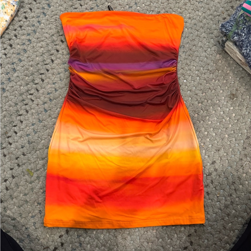 White Fox Boutique Strapless Gradient Orange, Red & Purple Mini Dress
